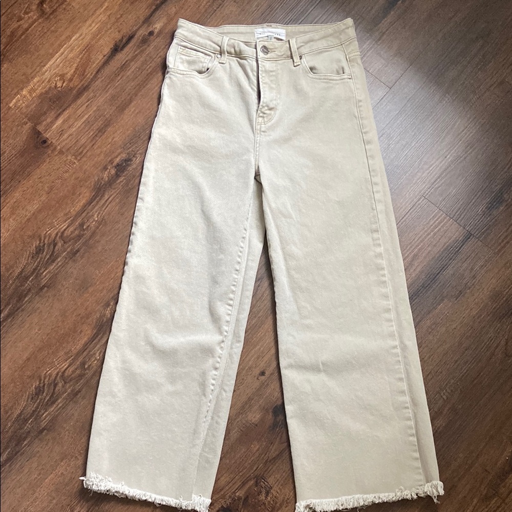 Tan Flare Wide Leg Jeans with Frayed Hem